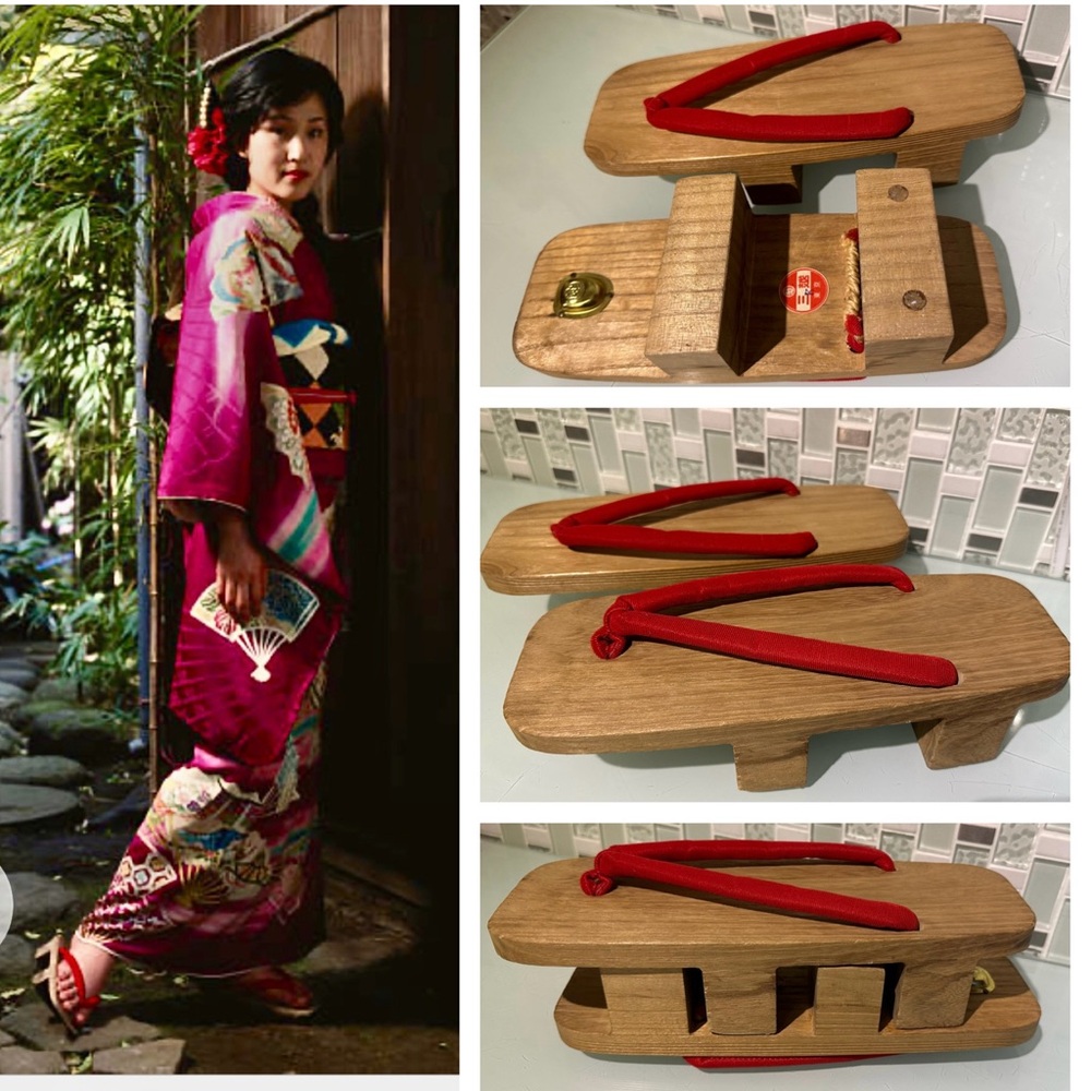 Traditional Wooden Geta Sandals with Red Straps - Women
